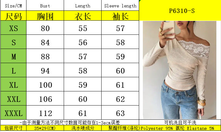 Women's Off Shoulder Lace Trim Long Sleeve Top