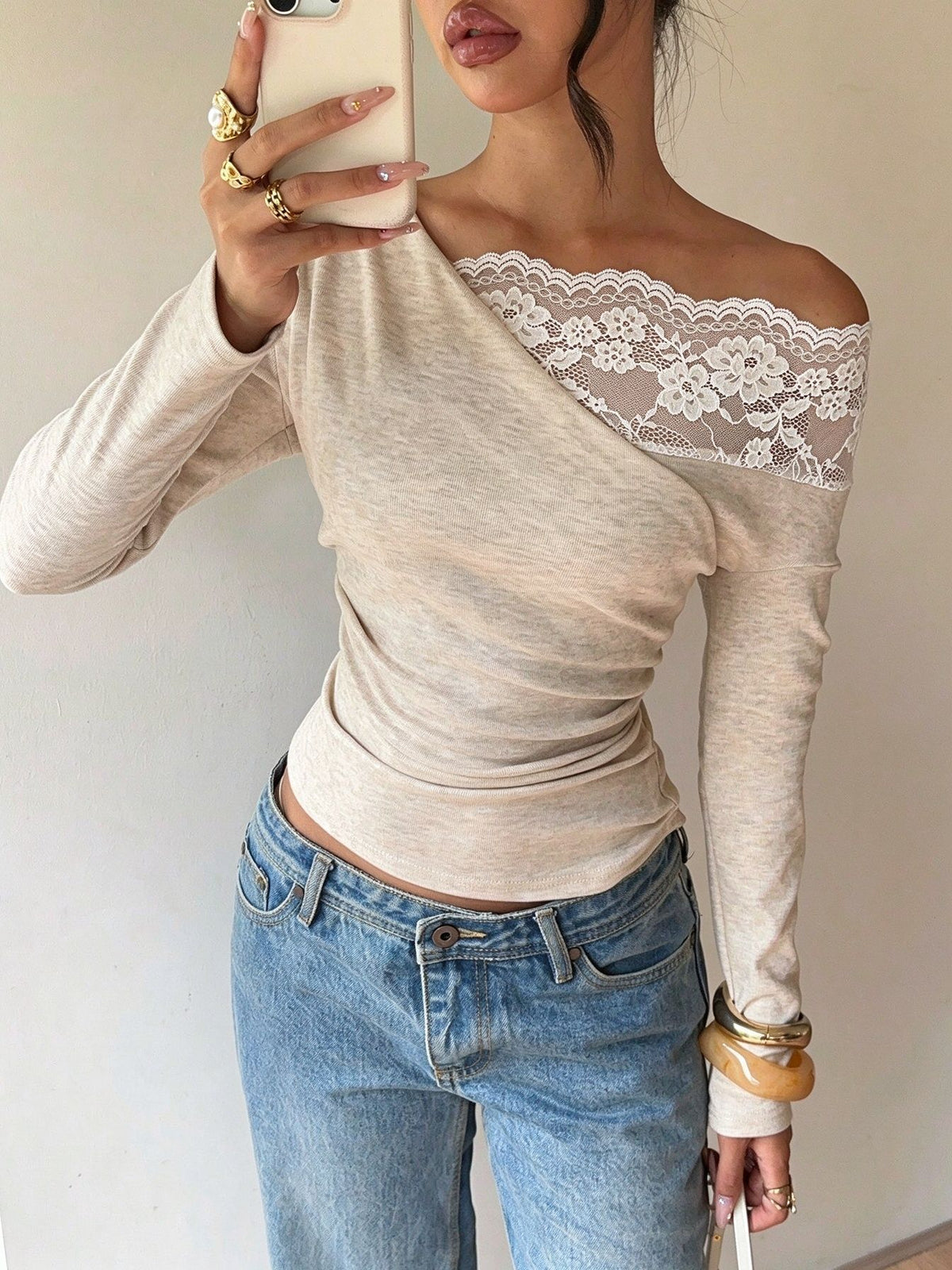 Women's Off Shoulder Lace Trim Long Sleeve Top