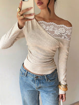 Women's Off Shoulder Lace Trim Long Sleeve Top