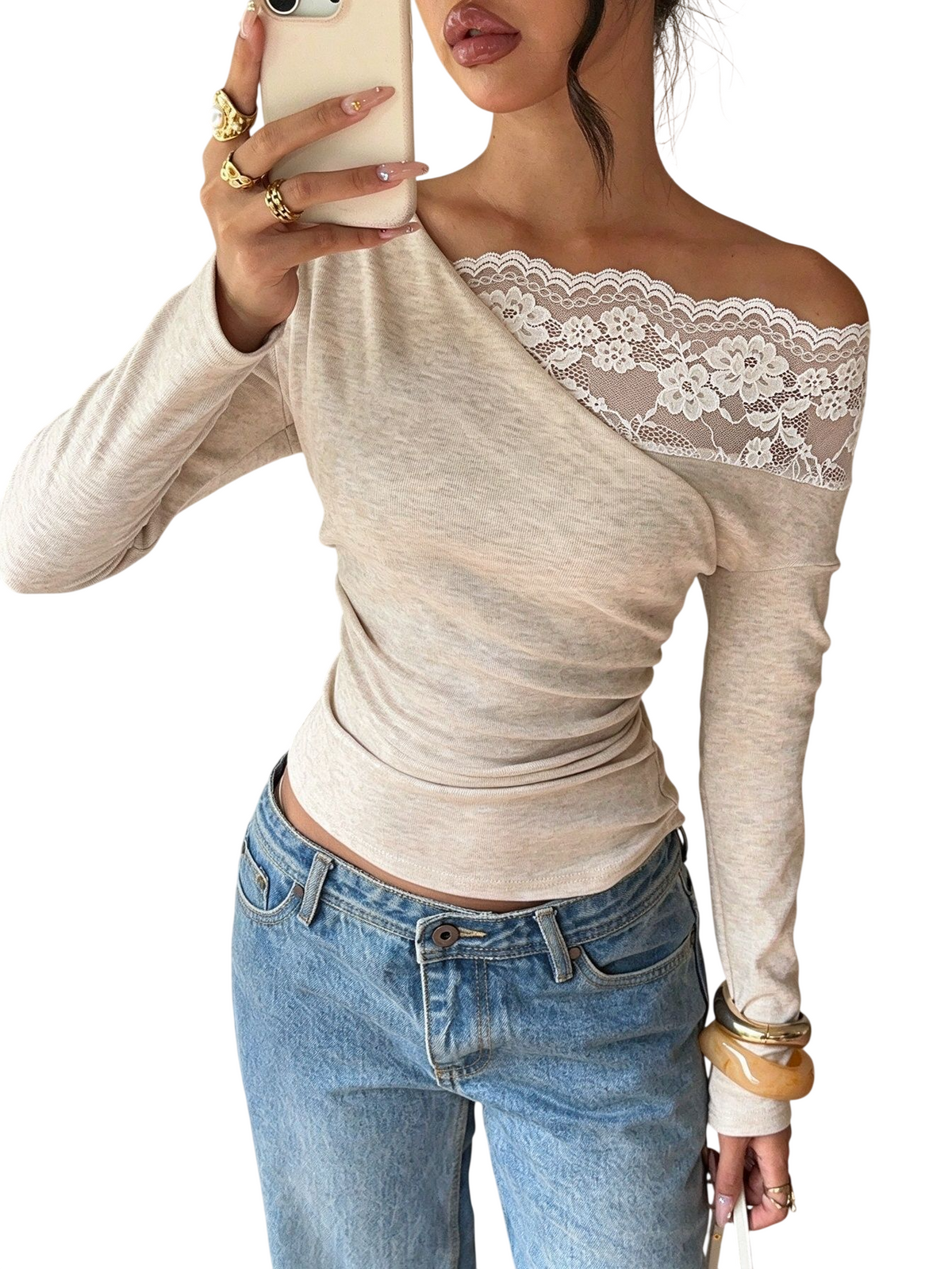Women's Off Shoulder Lace Trim Long Sleeve Top
