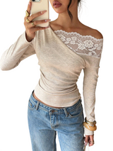 Women's Off Shoulder Lace Trim Long Sleeve Top
