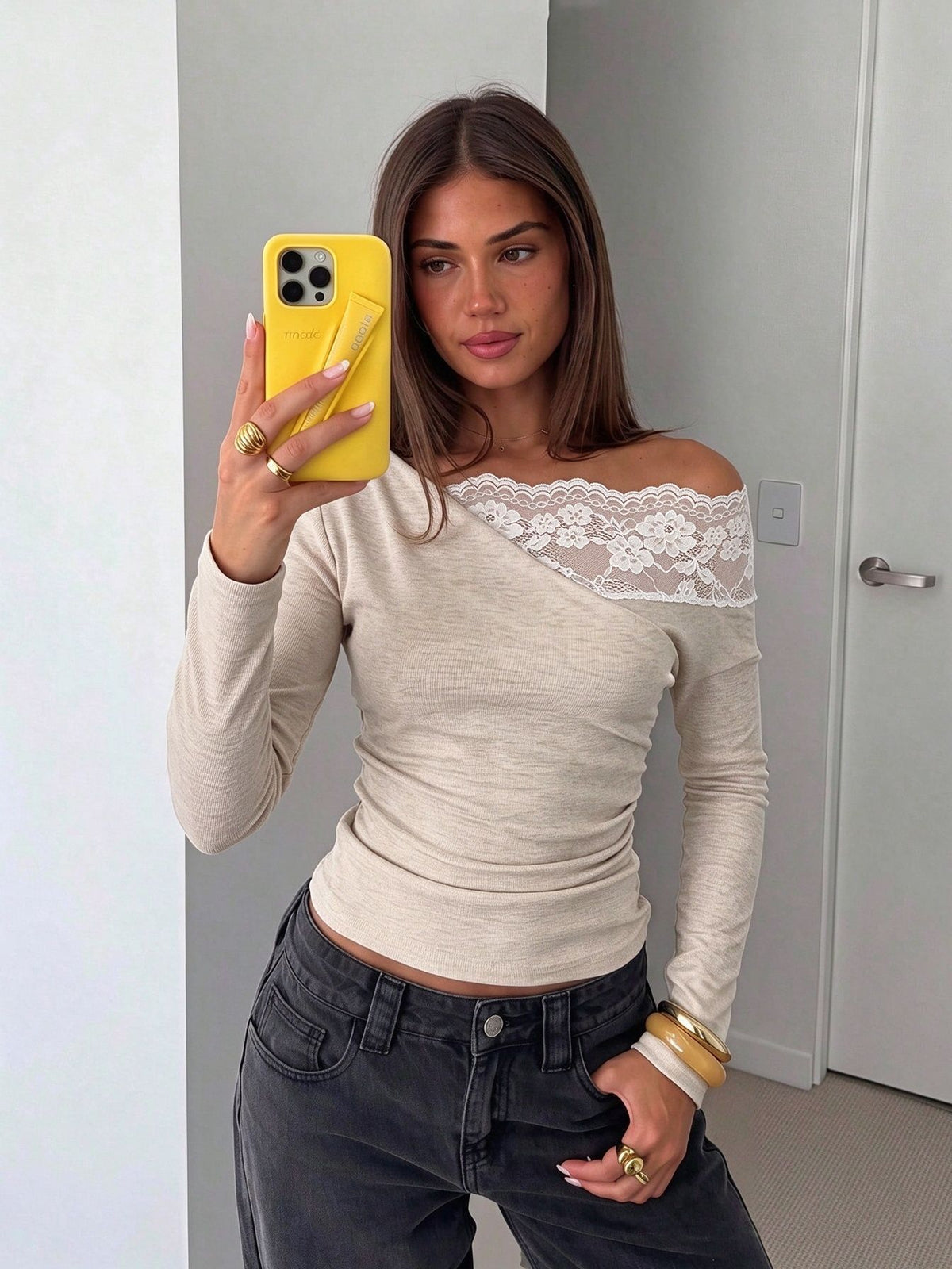 Women's Off Shoulder Lace Trim Long Sleeve Top