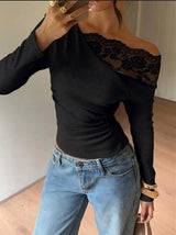 Women's Off Shoulder Lace Trim Long Sleeve Top