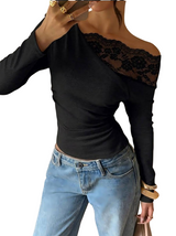 Women's Off Shoulder Lace Trim Long Sleeve Top