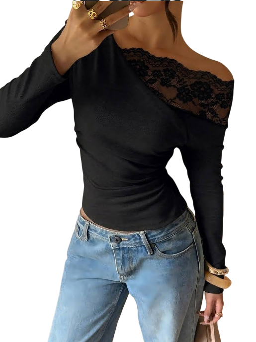 Women's Off Shoulder Lace Trim Long Sleeve Top