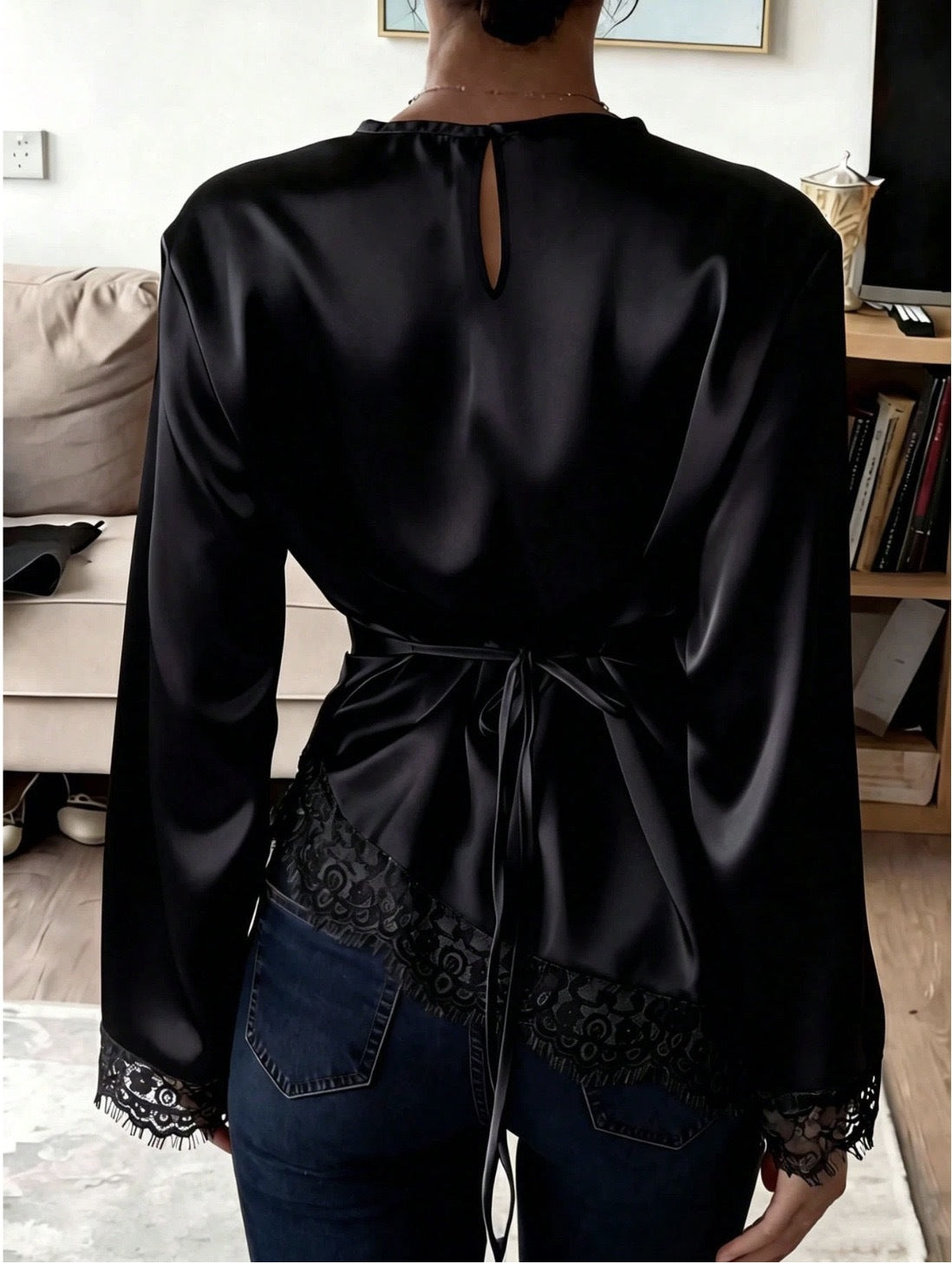Women's Lace Trim Long Sleeve Casual Top