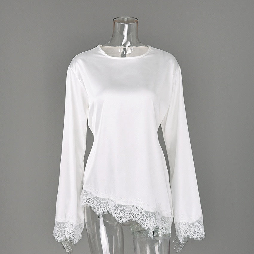 Women's Lace Trim Long Sleeve Casual Top
