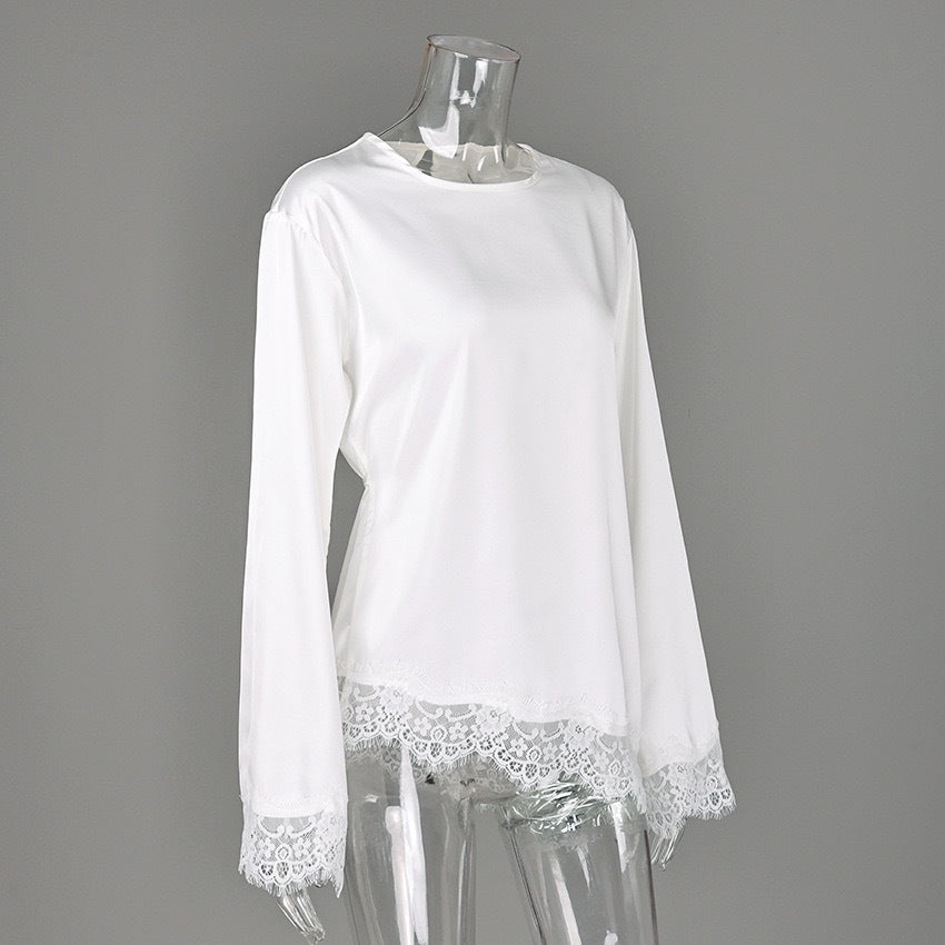 Women's Lace Trim Long Sleeve Casual Top