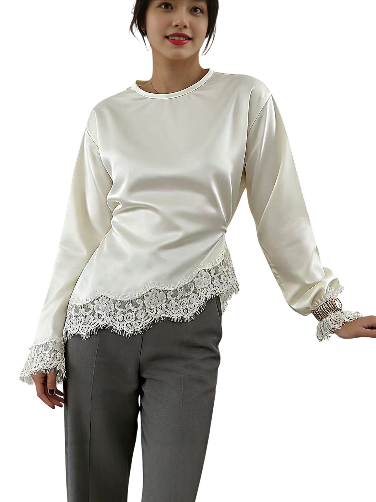 Women's Lace Trim Long Sleeve Casual Top