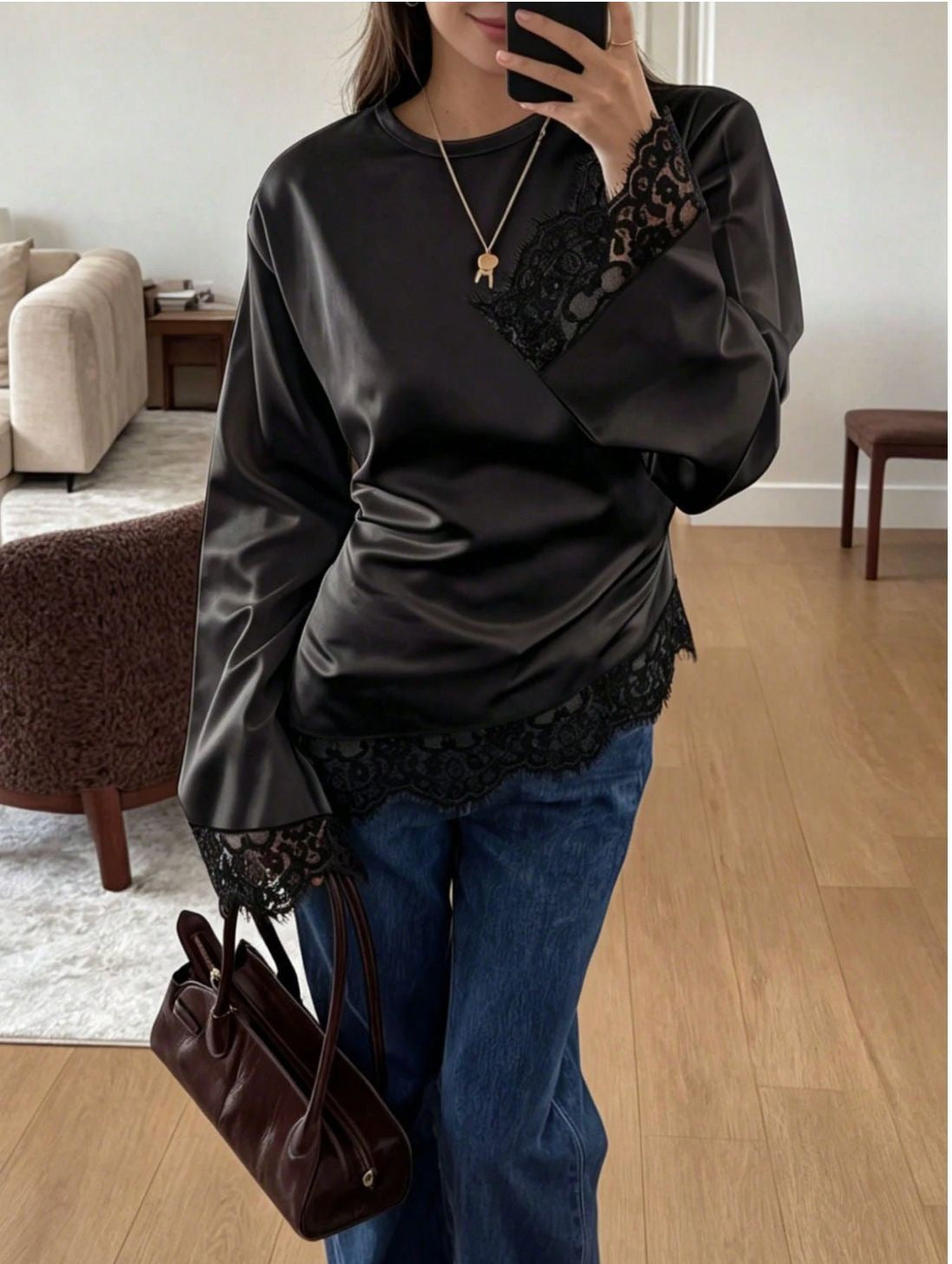 Women's Lace Trim Long Sleeve Casual Top