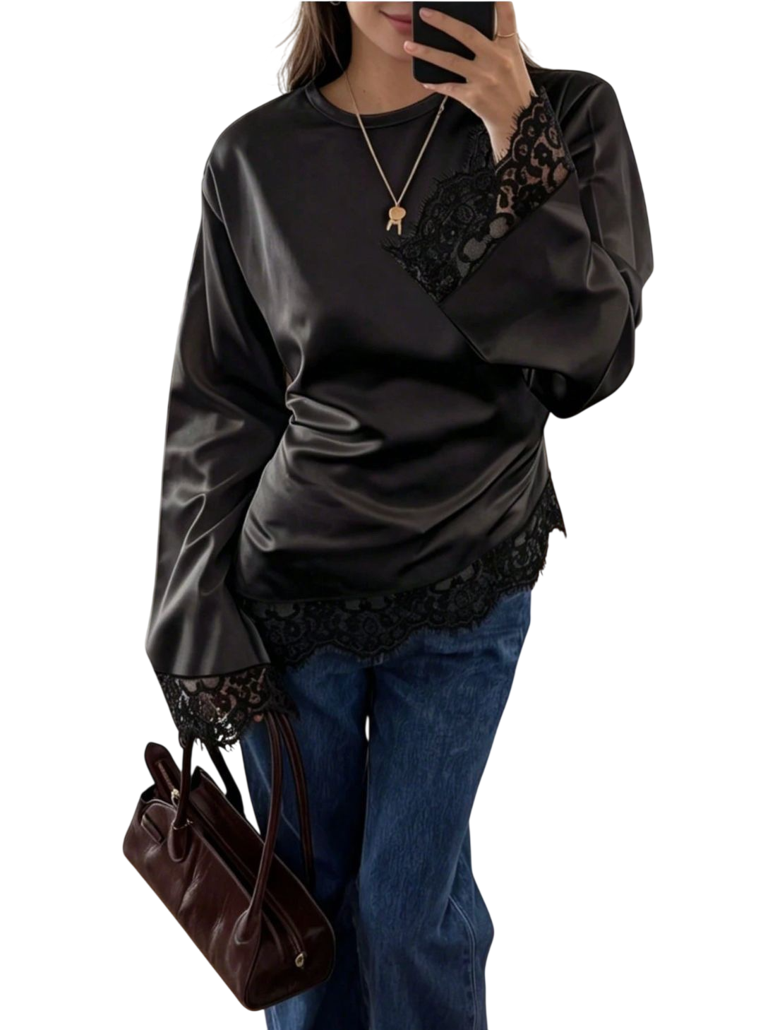 Women's Lace Trim Long Sleeve Casual Top