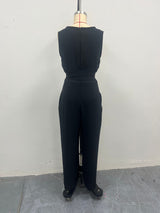 Women's Sleeveless V Neck Tie Waist Jumpsuit