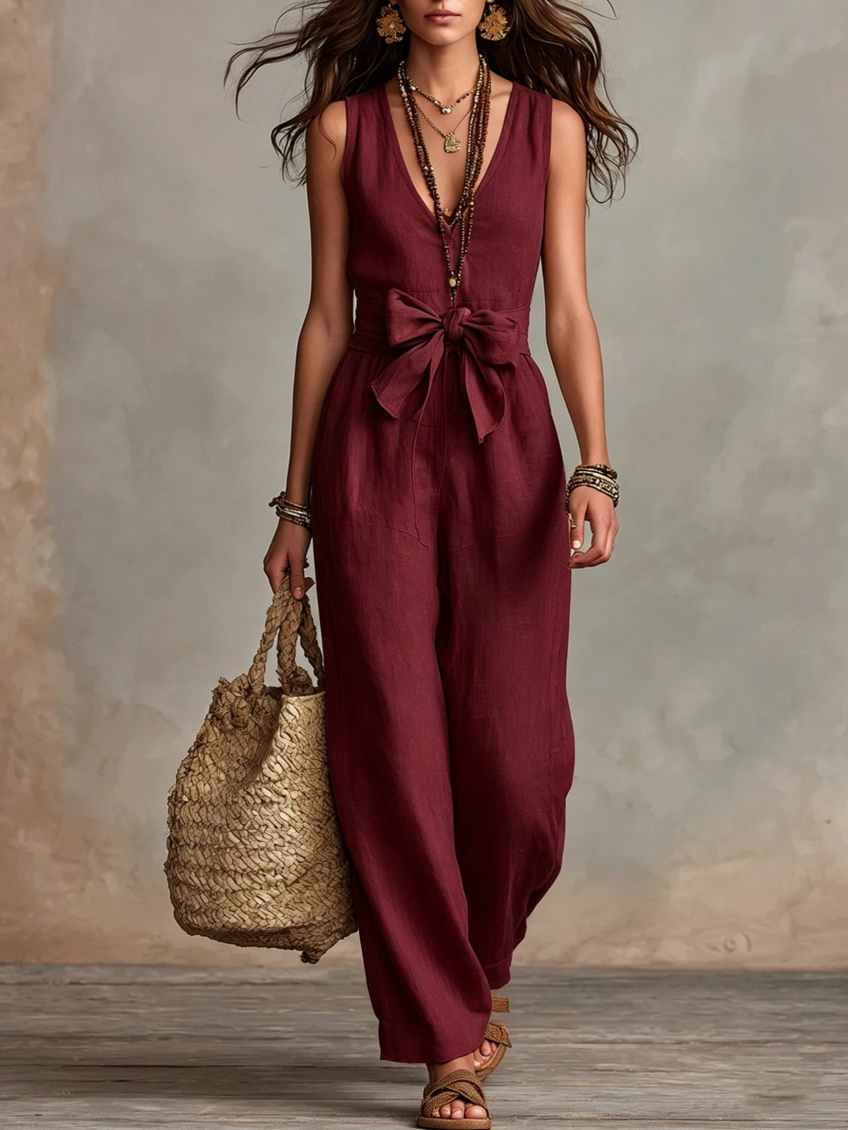 Women's Sleeveless V Neck Tie Waist Jumpsuit