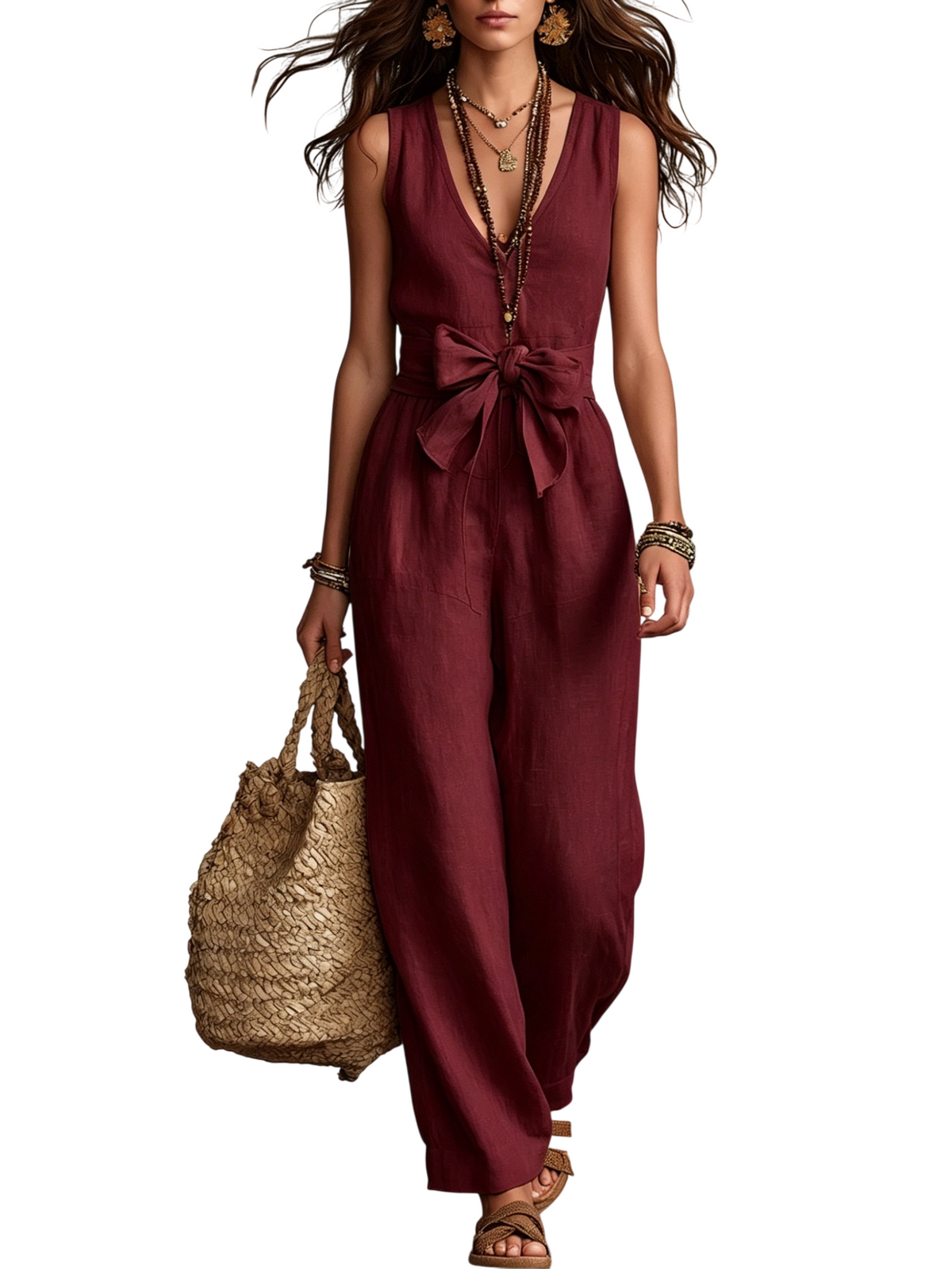 Women's Sleeveless V Neck Tie Waist Jumpsuit
