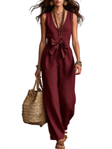Women's Sleeveless V Neck Tie Waist Jumpsuit