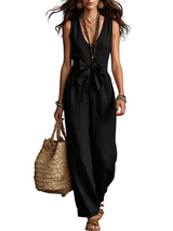 Women's Sleeveless V Neck Tie Waist Jumpsuit