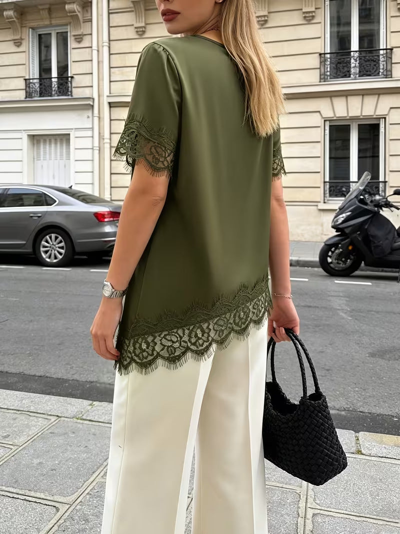 Women's Lace Trim Short Sleeve Blouse