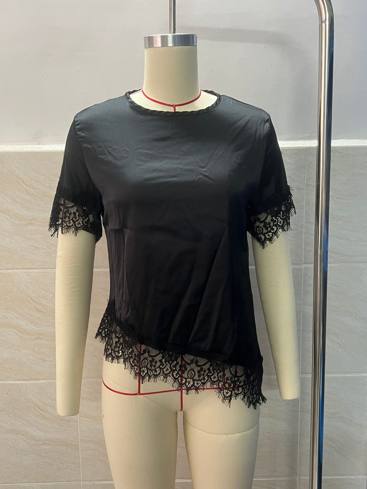 Women's Lace Trim Short Sleeve Blouse