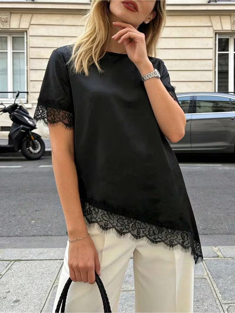 Women's Lace Trim Short Sleeve Blouse