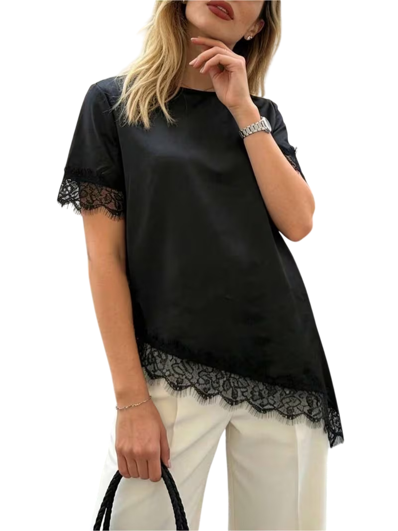 Women's Lace Trim Short Sleeve Blouse