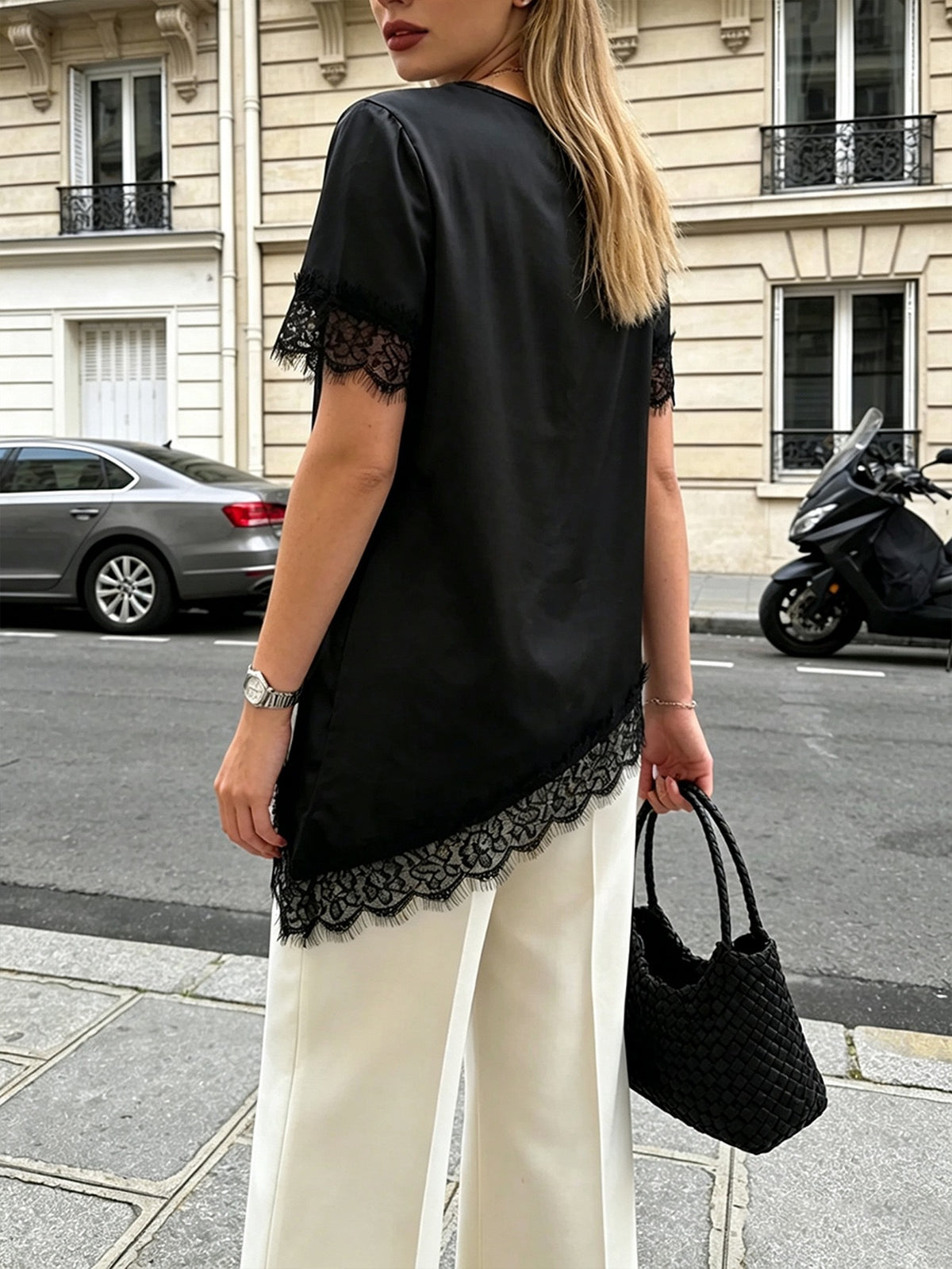 Women's Lace Trim Short Sleeve Blouse