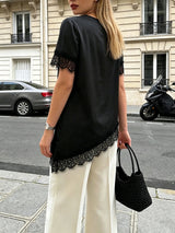 Women's Lace Trim Short Sleeve Blouse