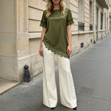 Women's Lace Trim Short Sleeve Blouse