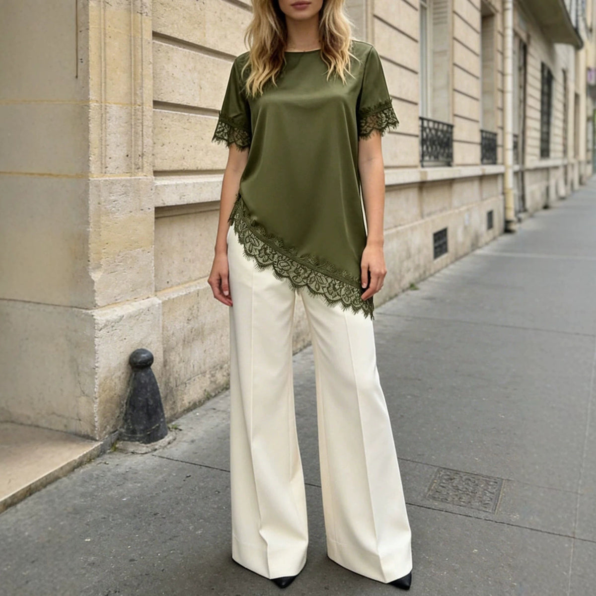 Women's Lace Trim Short Sleeve Blouse