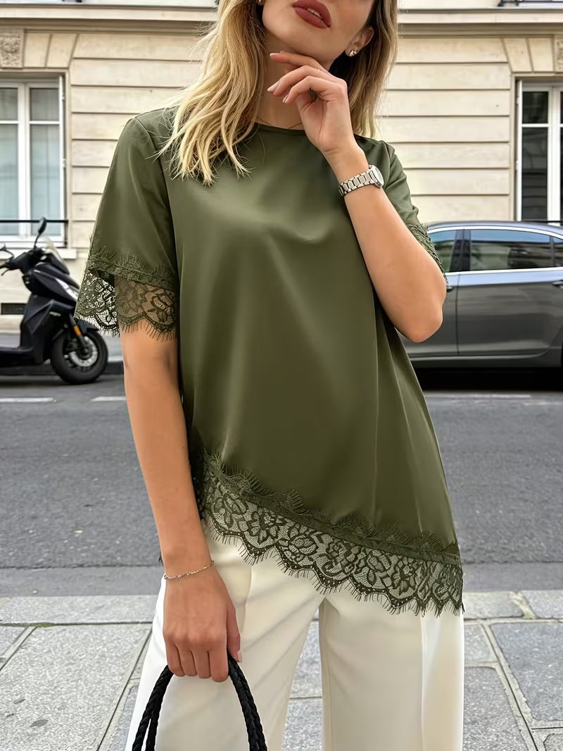 Women's Lace Trim Short Sleeve Blouse