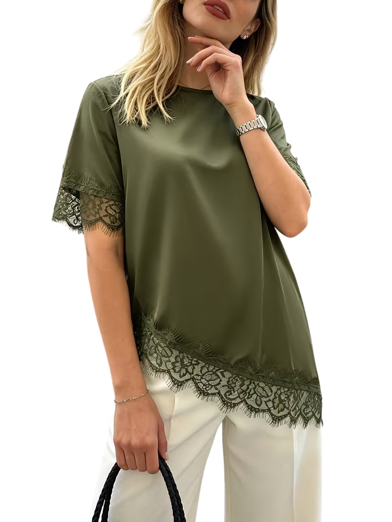 Women's Lace Trim Short Sleeve Blouse