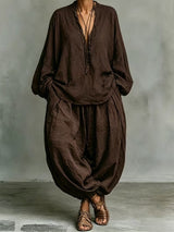 Women's Boho Two Piece Blouse and Harem Pants Set