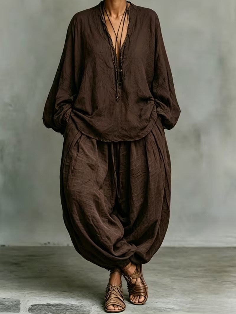 Women's Boho Two Piece Blouse and Harem Pants Set