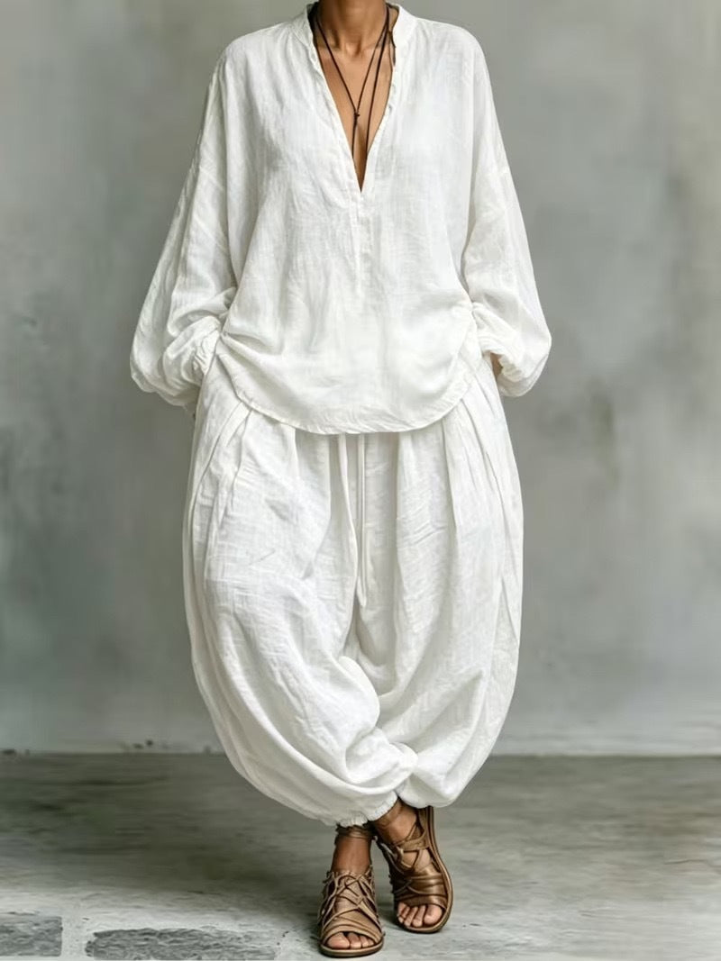 Women's Boho Two Piece Blouse and Harem Pants Set