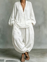 Women's Boho Two Piece Blouse and Harem Pants Set