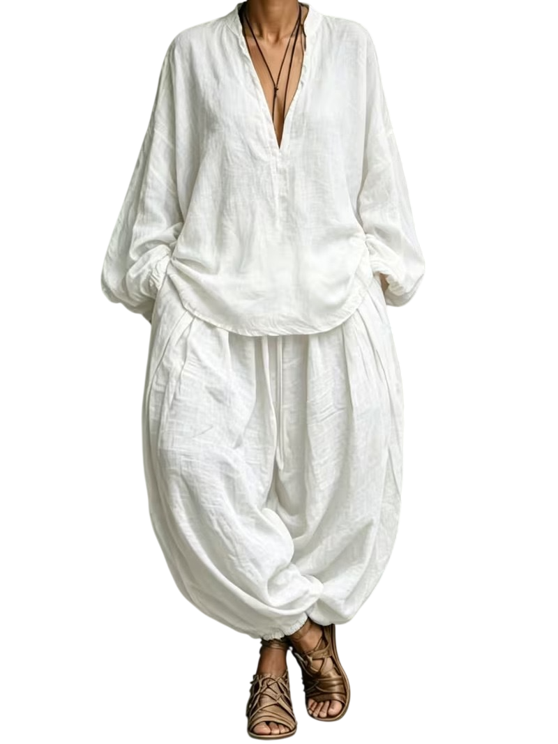 Women's Boho Two Piece Blouse and Harem Pants Set