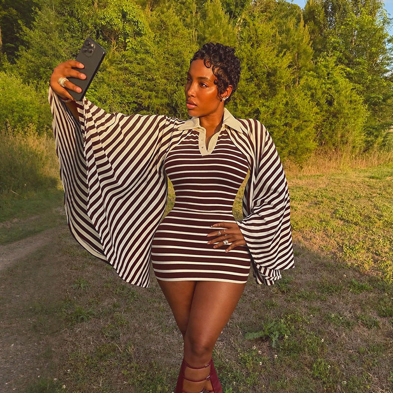 Women's Striped Mini Dress with Cape Sleeves