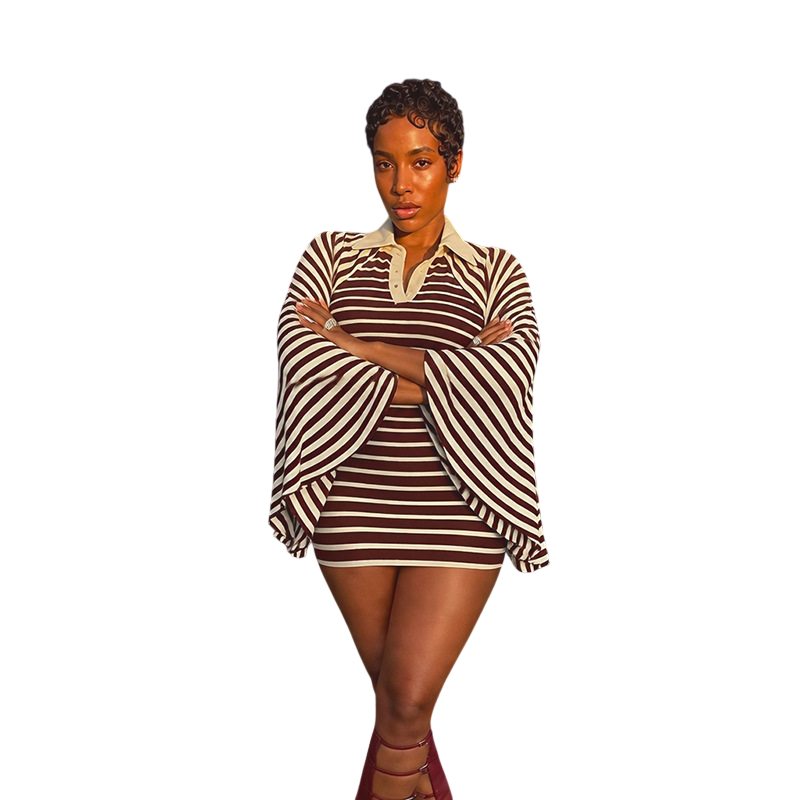 Women's Striped Mini Dress with Cape Sleeves