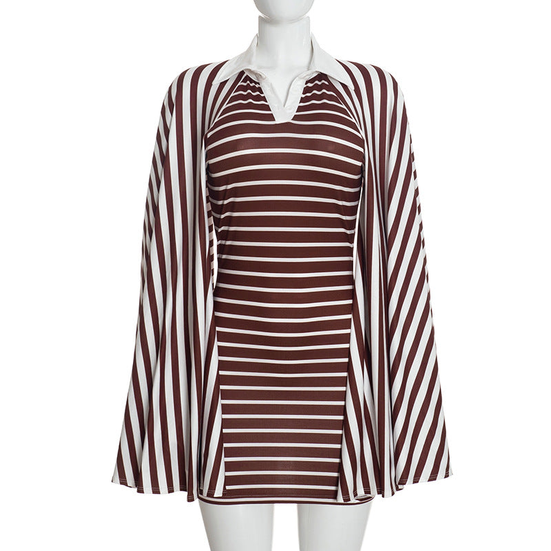 Women's Striped Mini Dress with Cape Sleeves