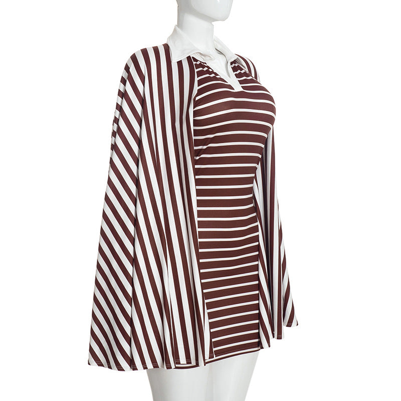 Women's Striped Mini Dress with Cape Sleeves