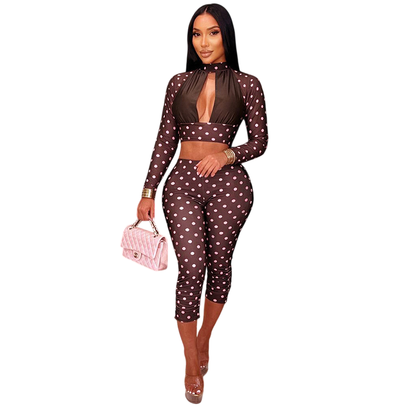 Women's Polka Dot Two Piece Crop Top and Pants Set