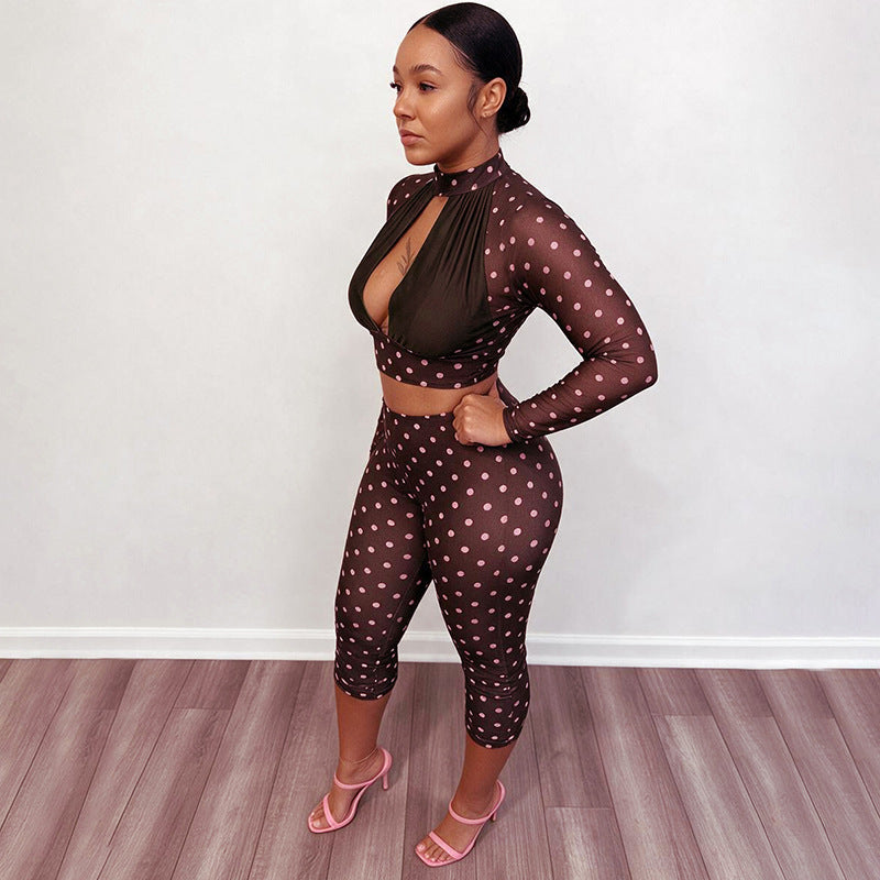 Women's Polka Dot Two Piece Crop Top and Pants Set