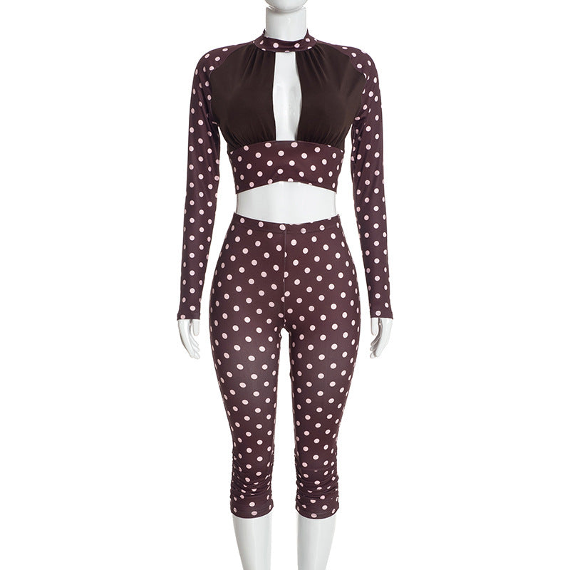 Women's Polka Dot Two Piece Crop Top and Pants Set