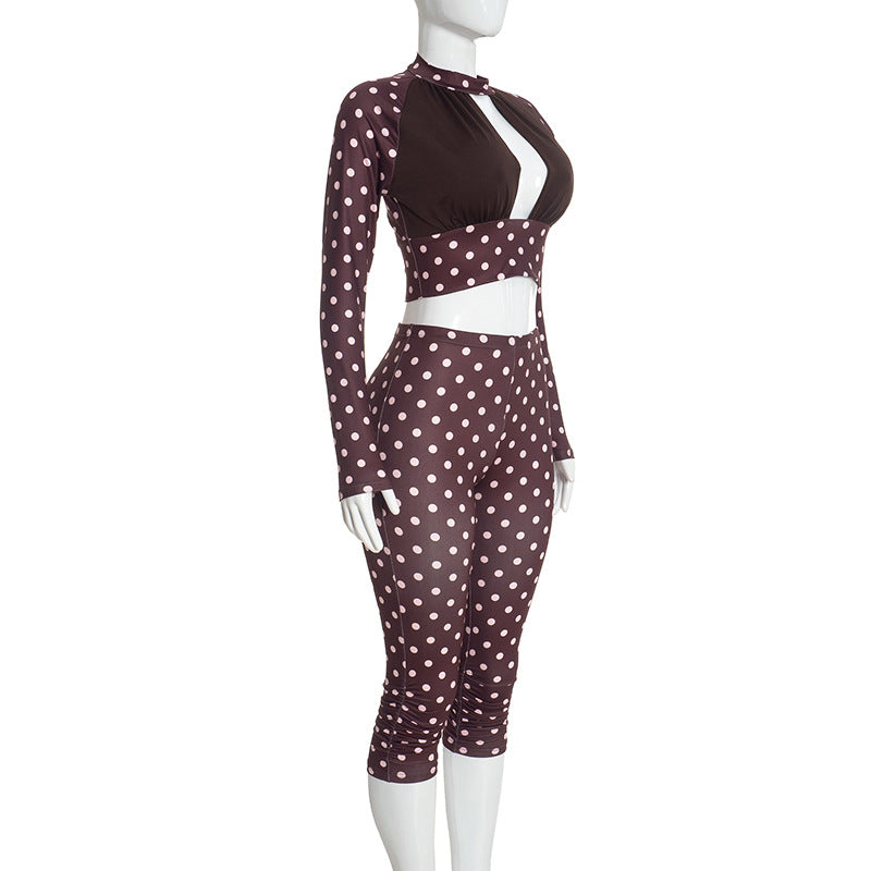 Women's Polka Dot Two Piece Crop Top and Pants Set