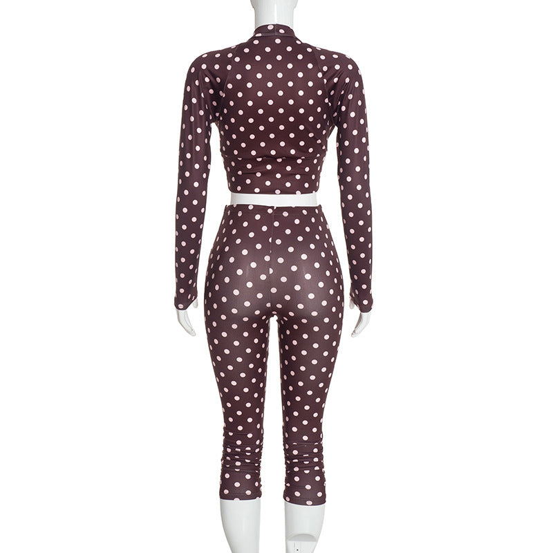 Women's Polka Dot Two Piece Crop Top and Pants Set