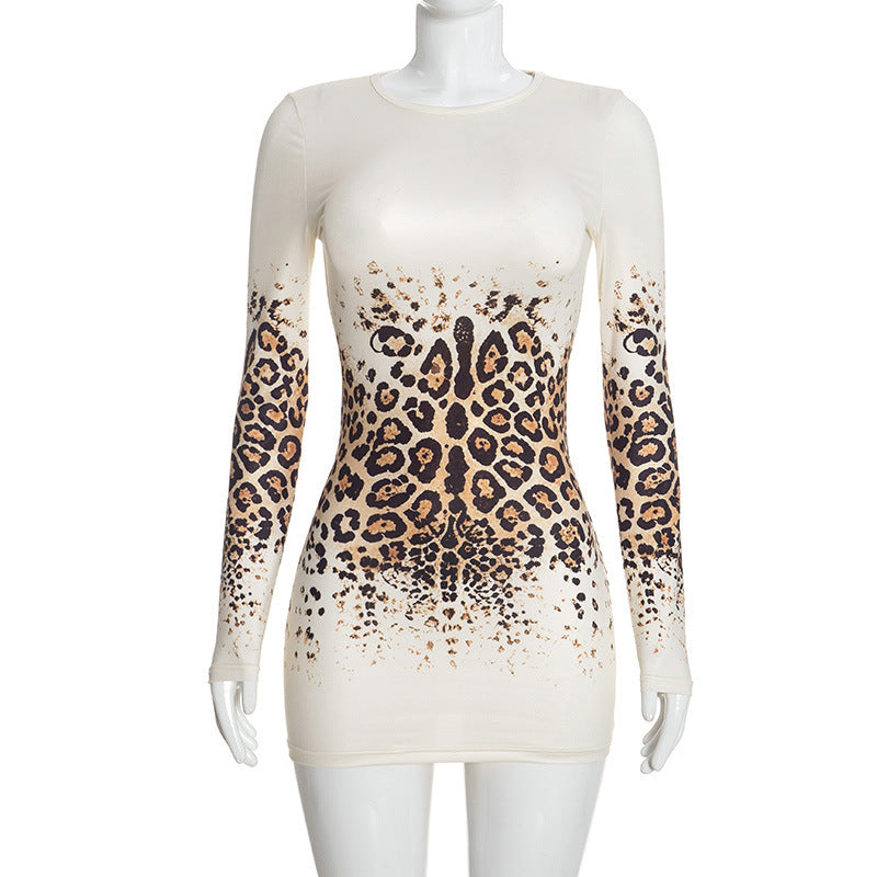 Women's Leopard Print Long Sleeve Bodycon Mini Dress