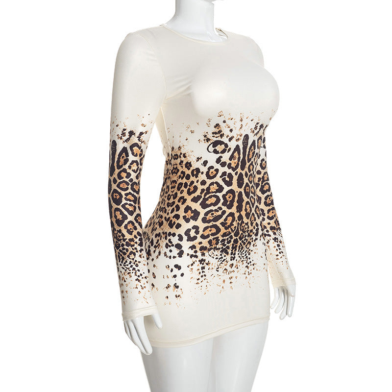 Women's Leopard Print Long Sleeve Bodycon Mini Dress
