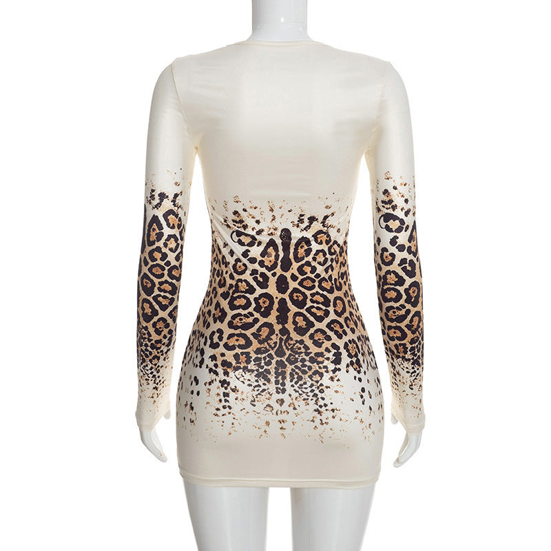 Women's Leopard Print Long Sleeve Bodycon Mini Dress