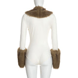 Women's Faux Fur Trim Long Sleeve Bodysuit Romper