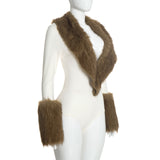 Women's Faux Fur Trim Long Sleeve Bodysuit Romper