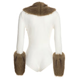 Women's Faux Fur Trim Long Sleeve Bodysuit Romper